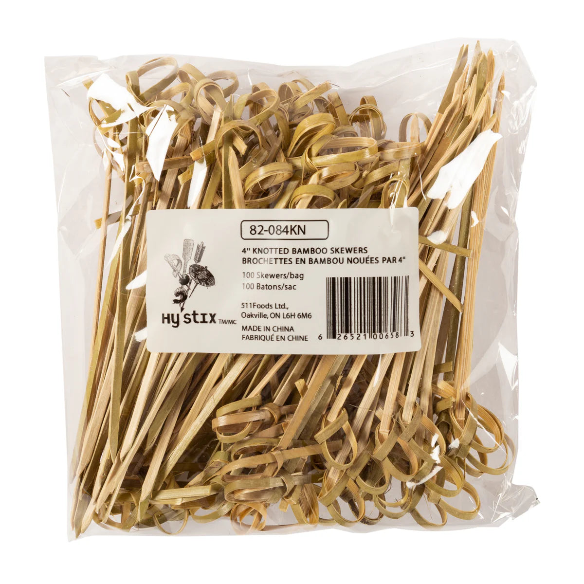 Knotted End Bamboo Skewers, 4'' , (One bag of 100 pcs), #82-084KN, **Open Box**