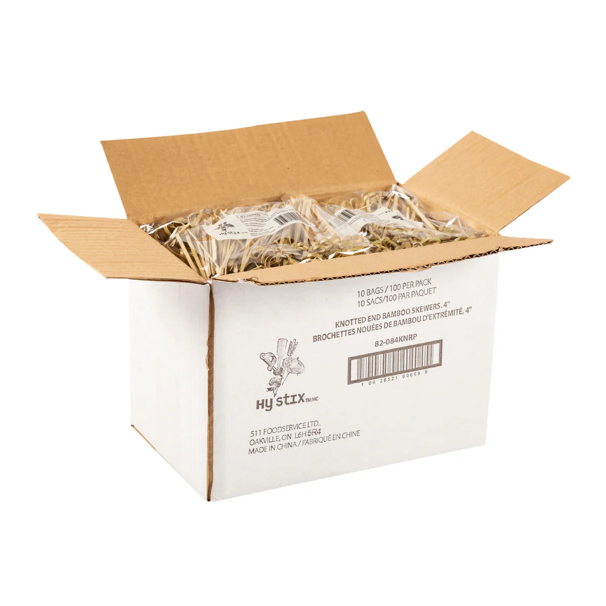 Knotted End Bamboo Skewers, 4'' , (One bag of 100 pcs), #82-084KN, **Open Box**