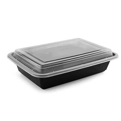 PCM Microwavable Rectangular Container Combo – 32 oz, Black, Heavy Duty, 150 Sets/Case