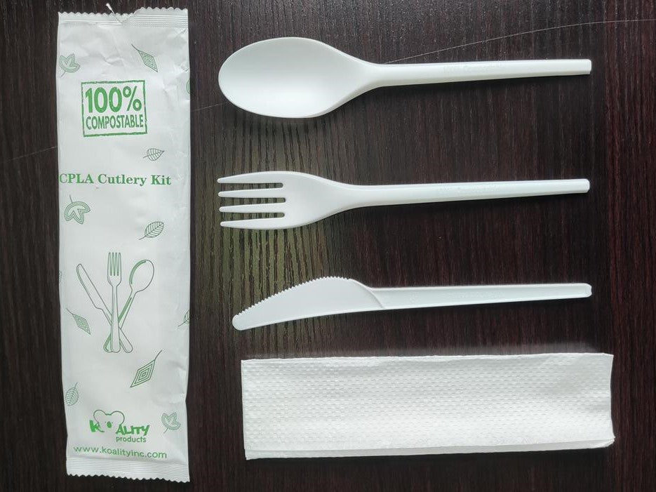 Compostable 100% Organic Cutlery Kit, CPLA, (Forks+Knives+Spoon+Napkins), 250 Sets