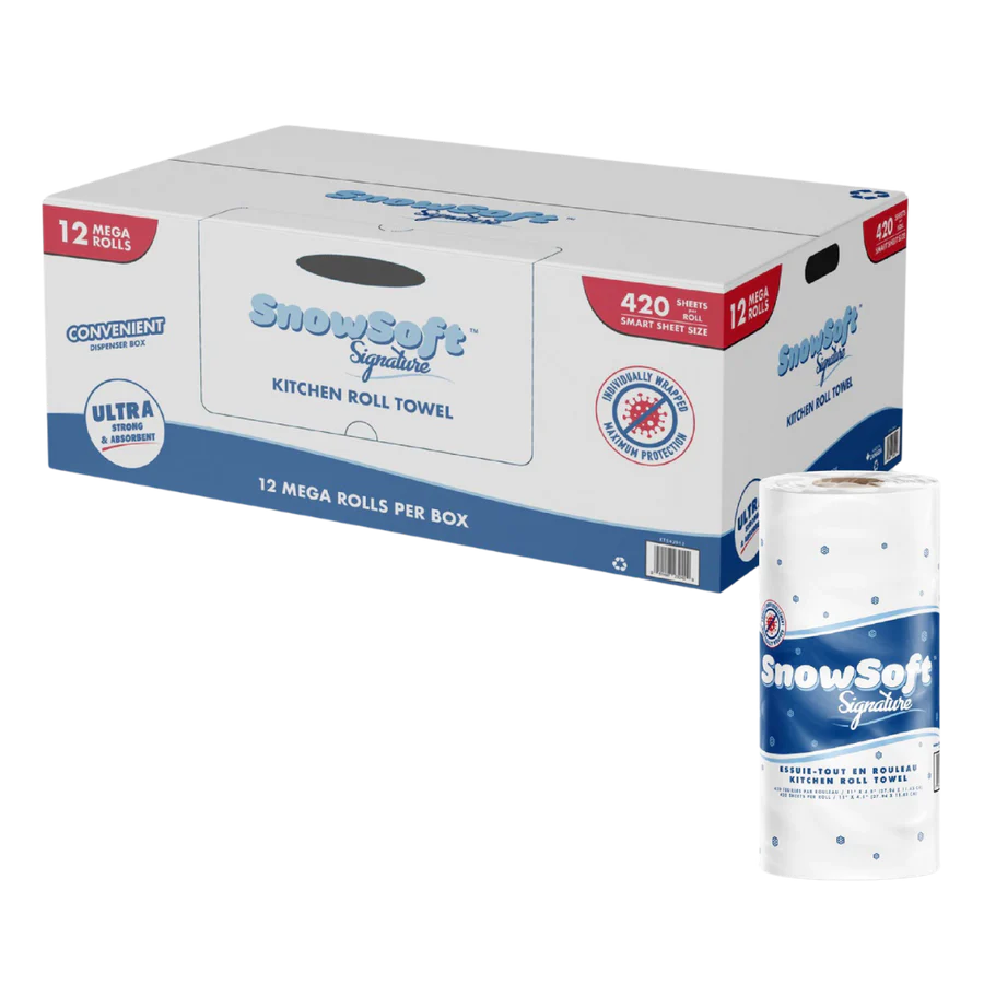 Kitchen Towels, 11" x 4.5", 12 rolls, 420 sheets, #Snowsoft, Individually Wrapped #KTS42012 #Made In Canada #Sunset