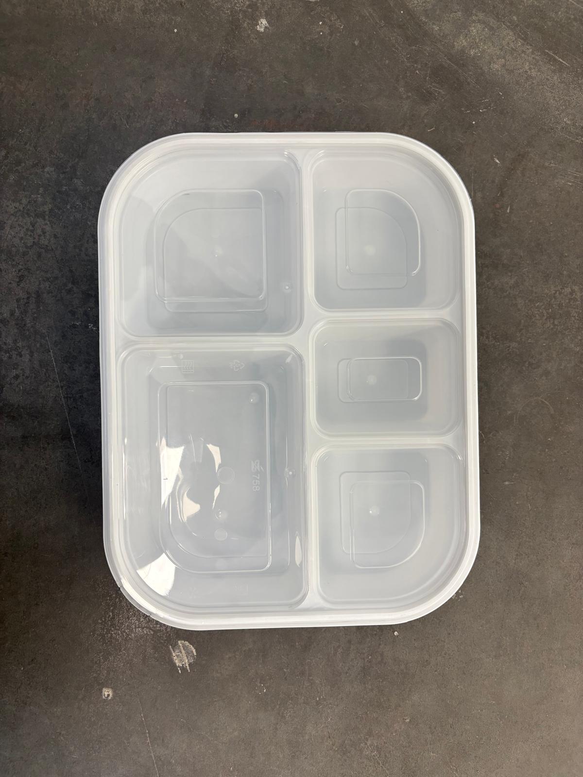 White Sealable Five-Compartment Rectangular Container Combo - Clear Lids, Frozen Safe, 100 Sets/Case
