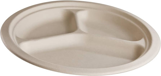 Kraft Sugarcane Round Plate, 8.75-9" , 500 pcs, #3-Compartment, #SPL-93