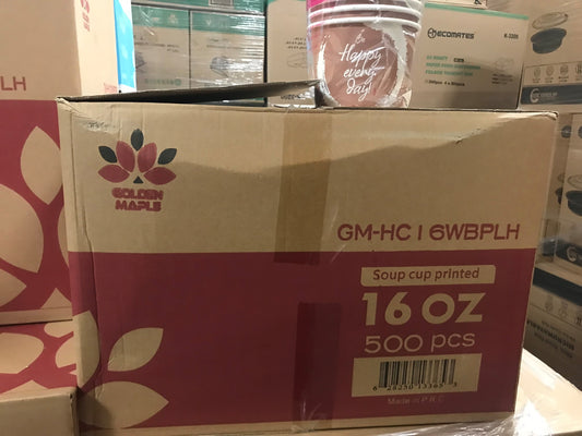 Printed Paper Food Container, 16 oz,  500pcs, (Lid fit: #16L), GM-HC16WBWLH