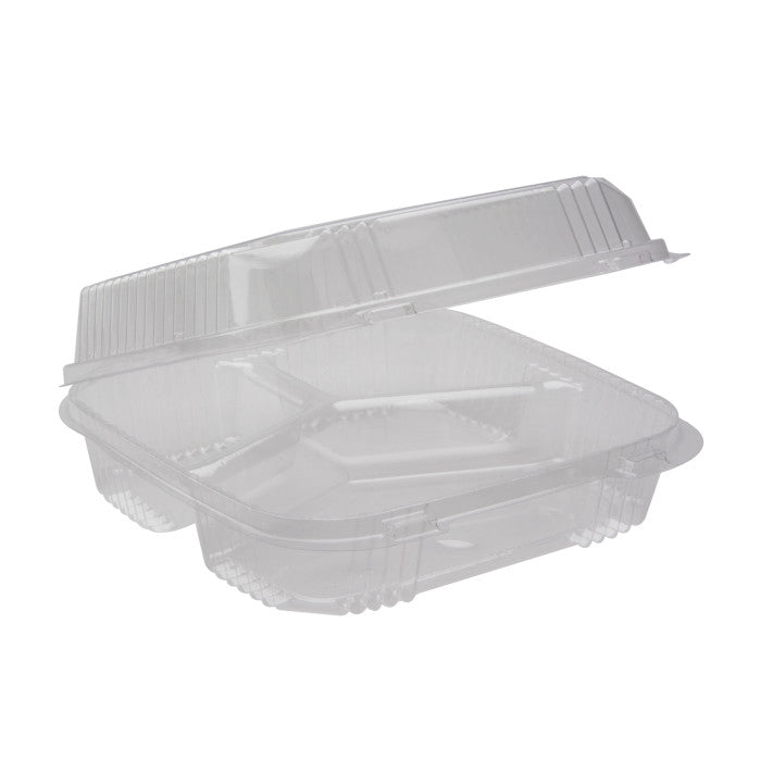 Salad Container Plastic Hinged, 8x8x3, 200 pcs, 3-Compartment, #YC18-1123-0000