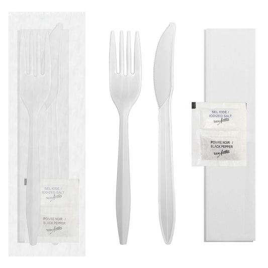 Table Accents – Plastic 5-Piece Food Kit – Fork, Knife, Napkin, Salt & Pepper Packet, 500 Sets