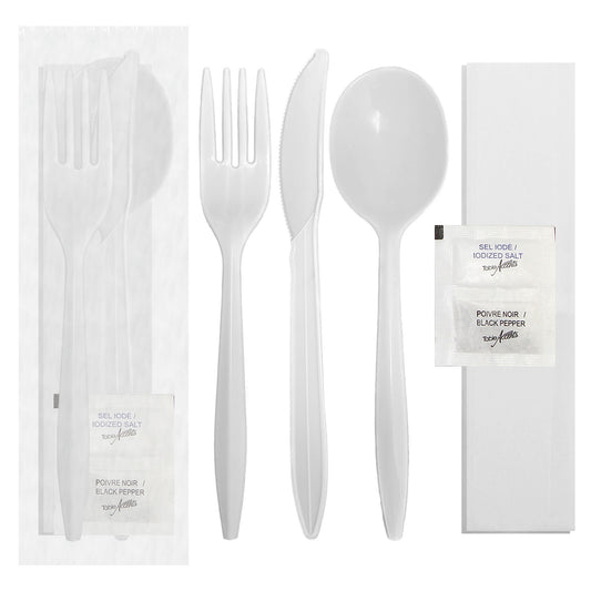 Table Accents – Plastic 6-Piece Food Kit – Fork, Knife, Soup Spoon, Napkin, Salt & Pepper Packet