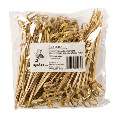 Knotted End Bamboo Skewers,  4'' ,  (One bag of 100 pcs), #82-084KN,  **Open Box**