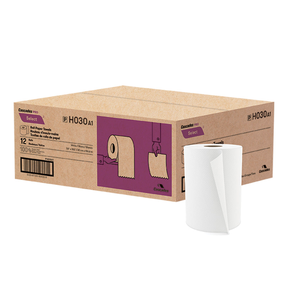 Cascades Hand Paper Towel Roll - 1-Ply, White, 350 ft, 12 rolls/case