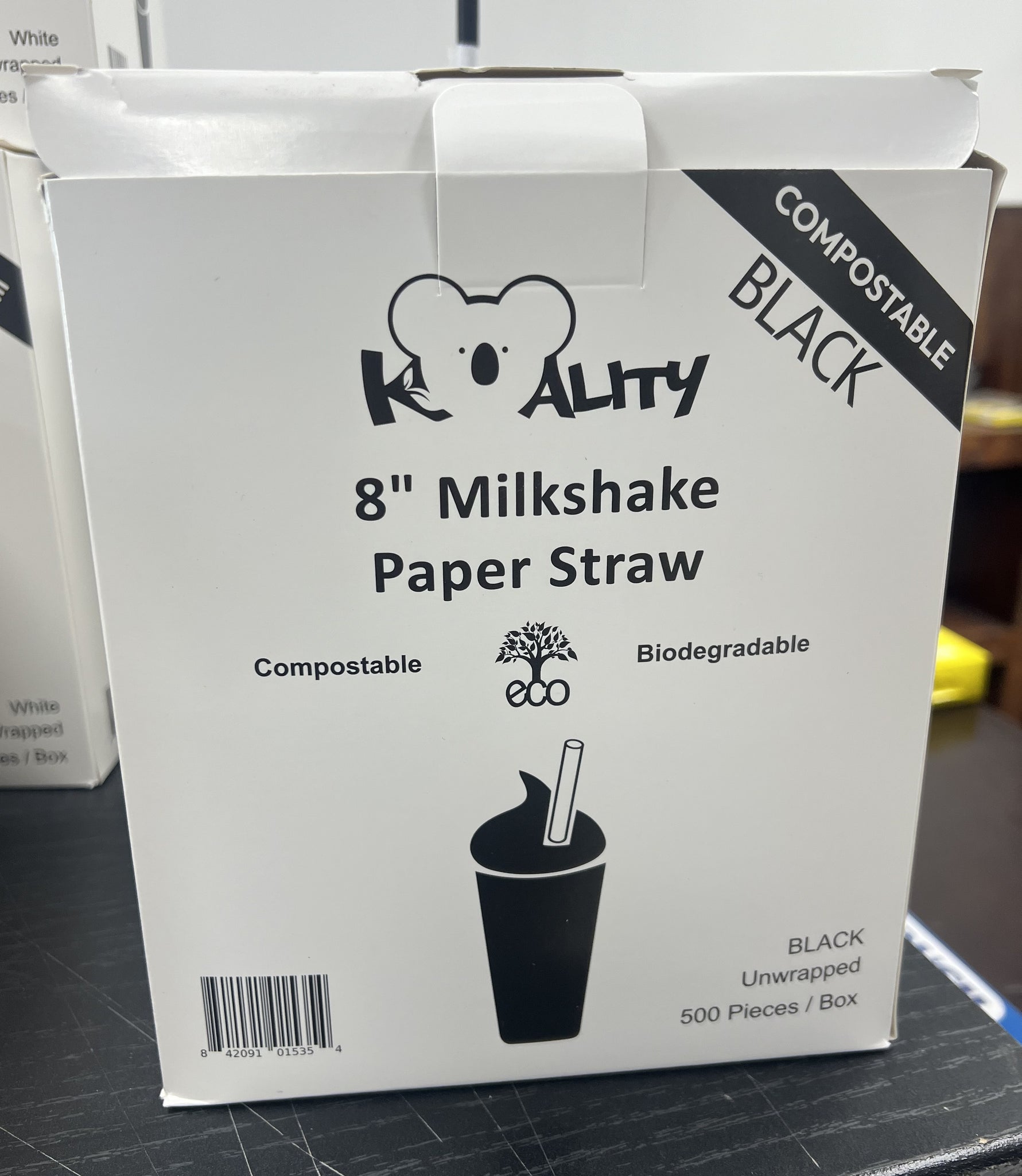 Paper Straw, 8'', 500 pcs, #BLACK  #UnWrapped, 8mm Diameter,  *Open Box*  #KSU-8BL  Koality