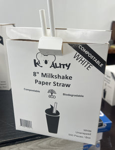 Paper Straw, 8'', 500 pcs, #White  #UnWrapped, 8mm Diameter,  *Open Box*  #KSU-8WH  Koality