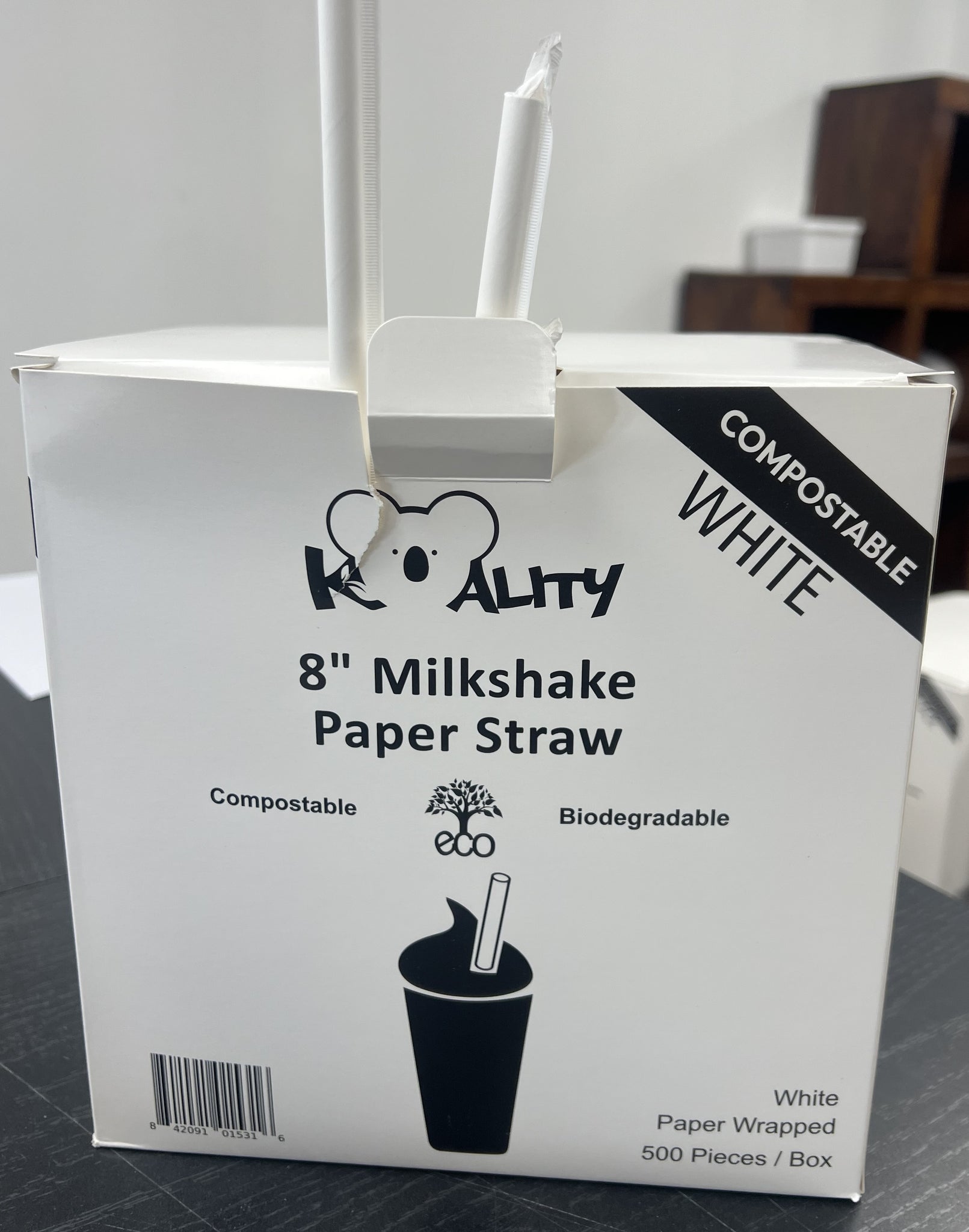 Paper Straw, 8'', 500 pcs, #White  #Wrapped, 8mm Diameter,  *Open Box*  #KSW-8WH  Koality