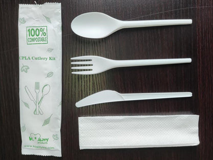 Compostable 100% Organic Cutlery Kit, CPLA, (Forks+Knives+Spoon+Napkins), 250 Sets