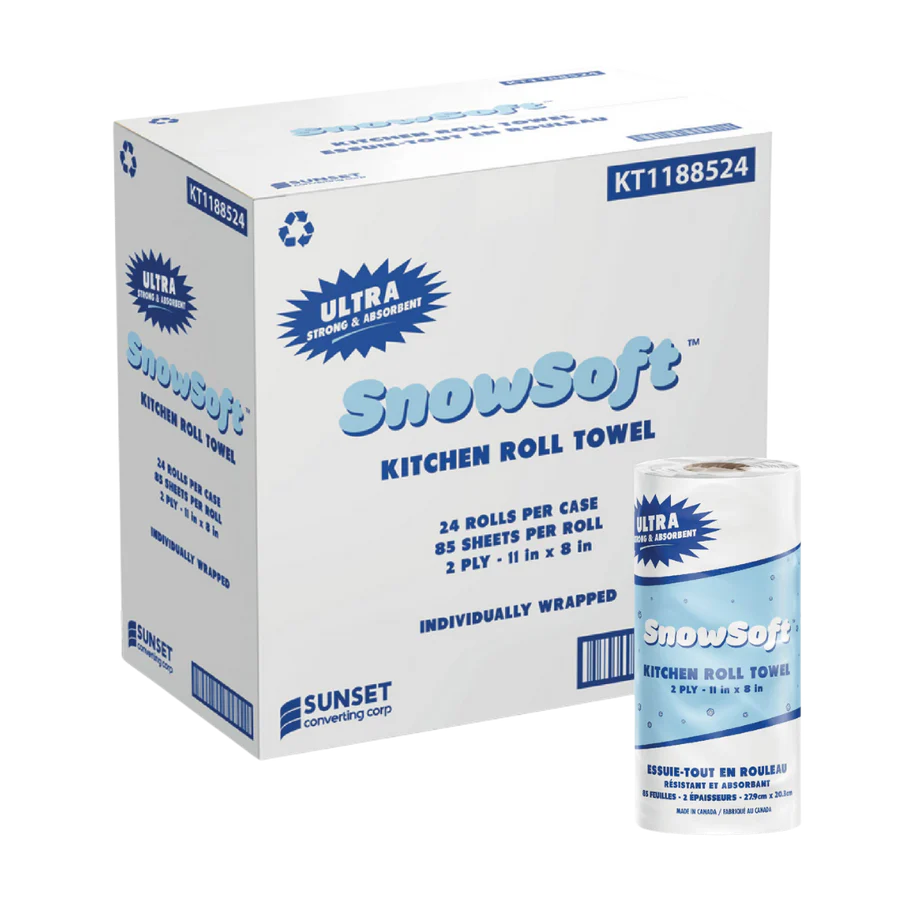 Kitchen Towels, 8" x 11", 24 rolls, 85 sheets,2 Ply #Snowsoft, Individually Wrapped #KTS42012    #Made In Canada  #Sunset