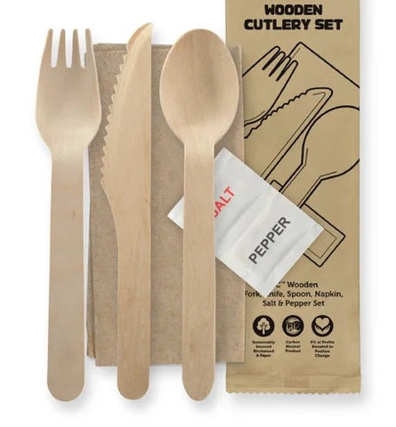 Wooden Cutlery Kit, 500sets, Fork+Knife+Spoon+Napkins+Salt&Pepper #6 pcs,