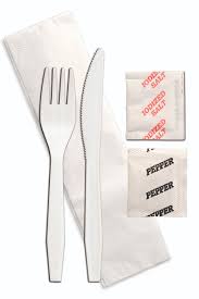 Cutlery Kit #500 sets #White Knife+Fork+Napkin+SaltPepper #No Spoon #5pcs #2204010